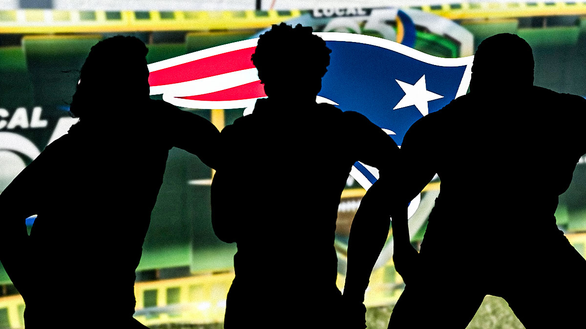 Patriots logo surrounded by silhouettes of Jayden Higgins, Tate Rutledge, and Oluwafemi Oladejo with an NFL draft backgroud