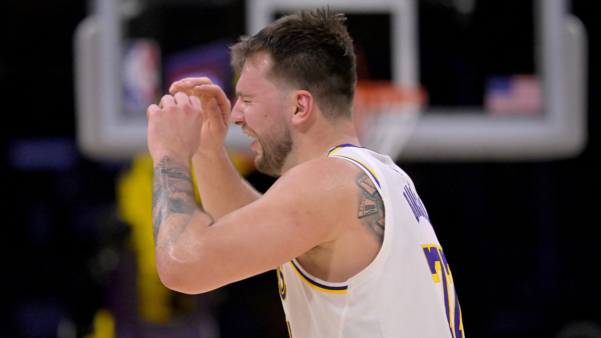 Los Angeles Lakers guard Luka Doncic (77) reacts after he was called for a foul in the first half against the Minnesota Timberwolves at Crypto.com Arena.