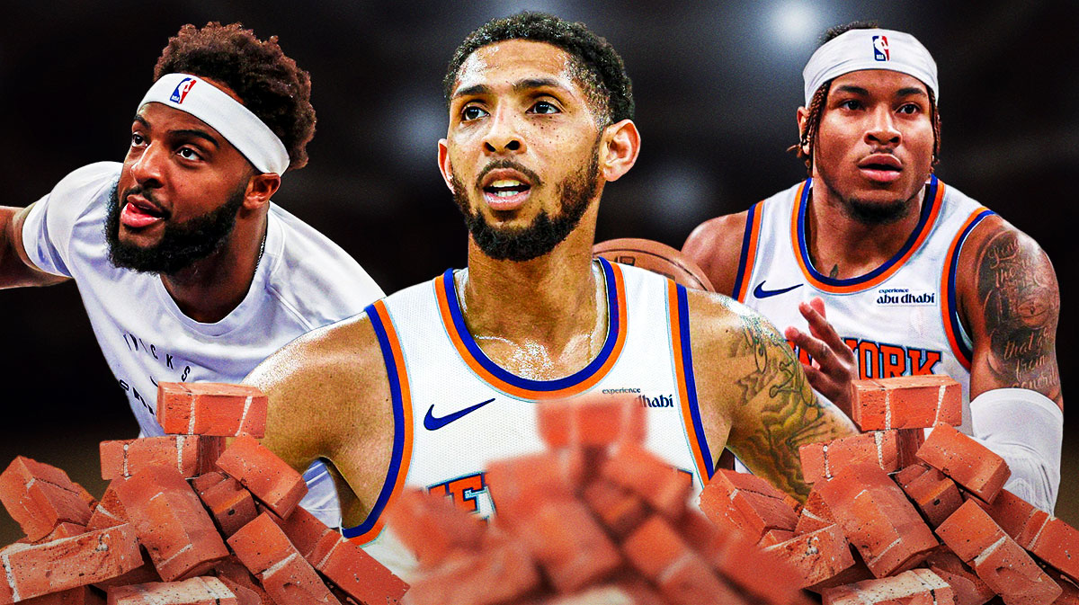 Cam Payne, Miles McBride, and Mitchell Robinson appearing frustrated surrounded by bricks New York Knicks