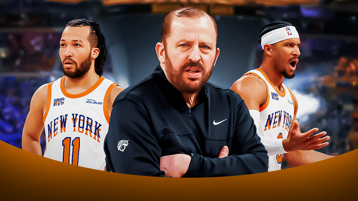 coach Thibodeau shouting, Jalen Brunson looking disappointed, and Josh Hart looking confused. New York Knicks