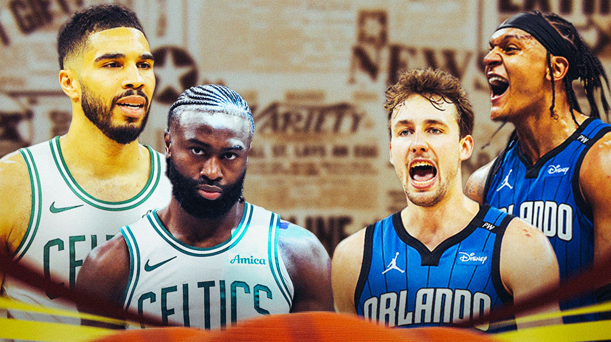 A newspaper as the background, Jayson Tatum and Jaylen Brown on one side, Paolo Banchero and Franz Wagner on the other side