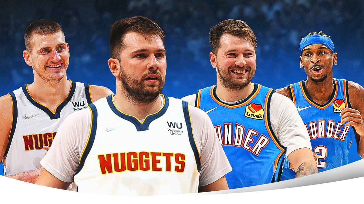 One side of the graphic is Luka Doncic photoshopped in Nuggets jersey with Nikola Jokic. Other side is Luka Doncic photoshopped in Thunder jersey with Shai Gilgeous-Alexander