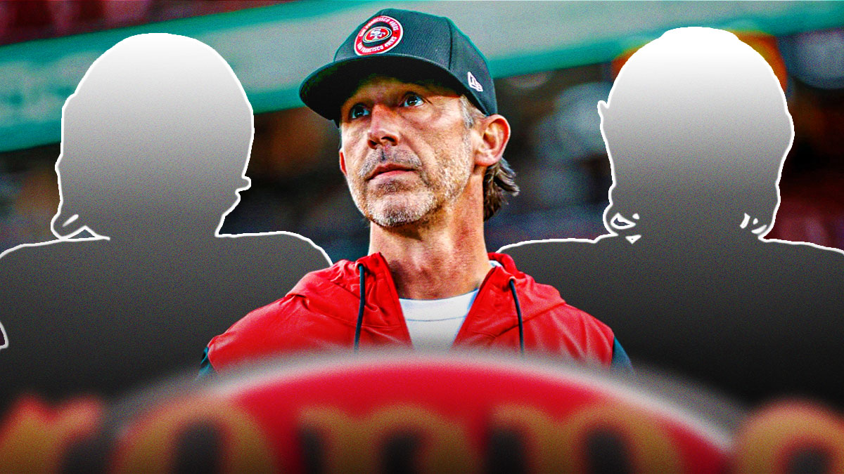 Kyle Shanahan on one side, two silhouettes of NFL kickers on the other side