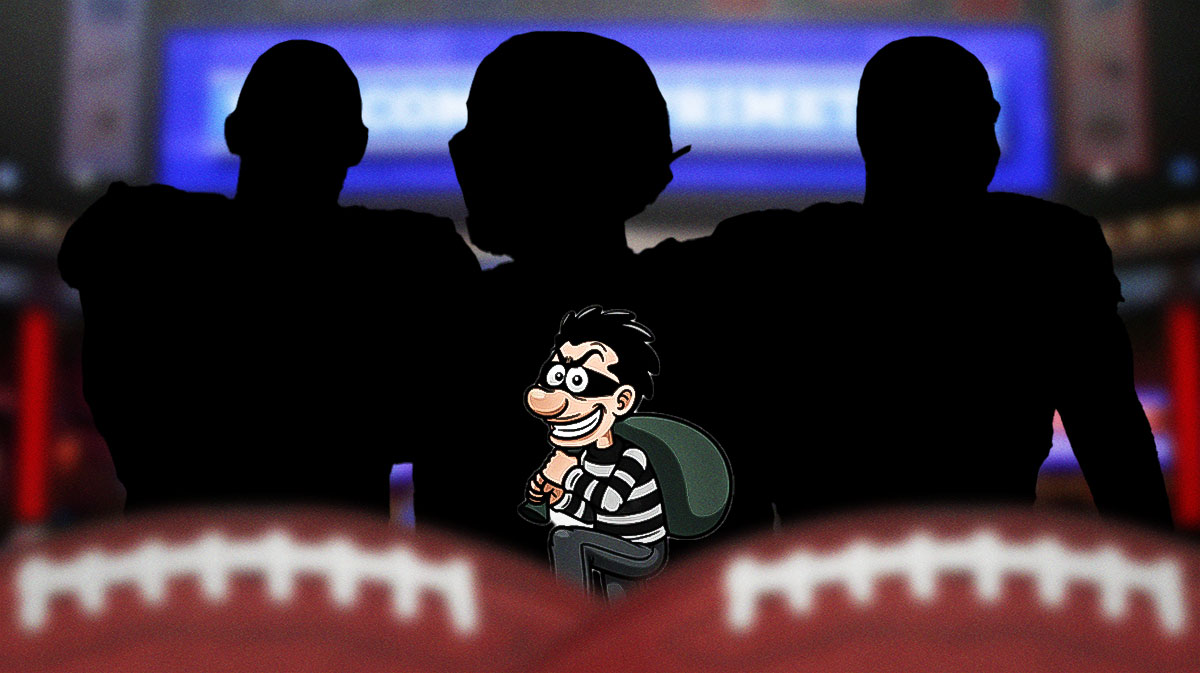 A generic cartoon image of a "thief" with silhouettes of Shedeur Sanders, Jihaad Campbell, and Landon Jackson with an NFL Draft background.