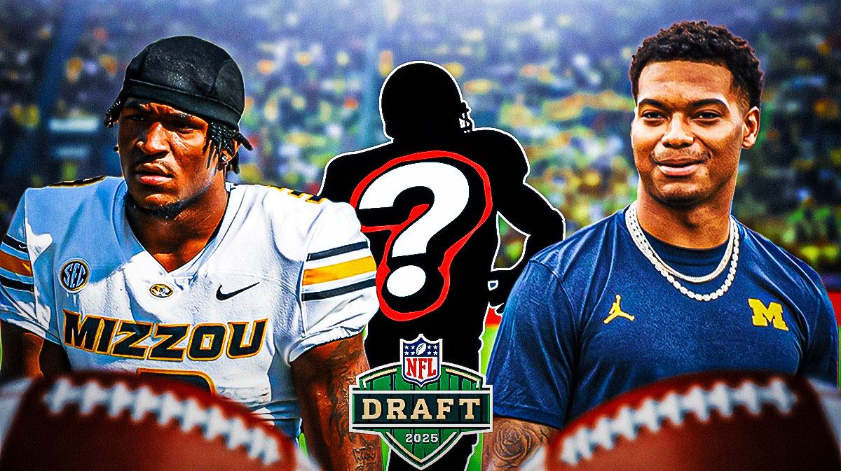 WR Luther Burden III with CB Will Johnson and a silhouette of an American football player with a big question mark emoji inside. There is also a logo for the 2025 NFL Draft.