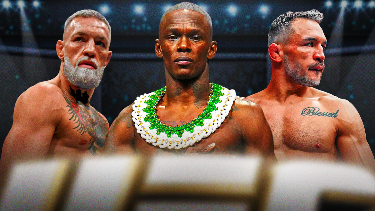 Michael Chandler, Conor McGregor, Israel Adesanya together but make them all look old. Grey/white hair and wrinkles and walkers/walking canes etc.
