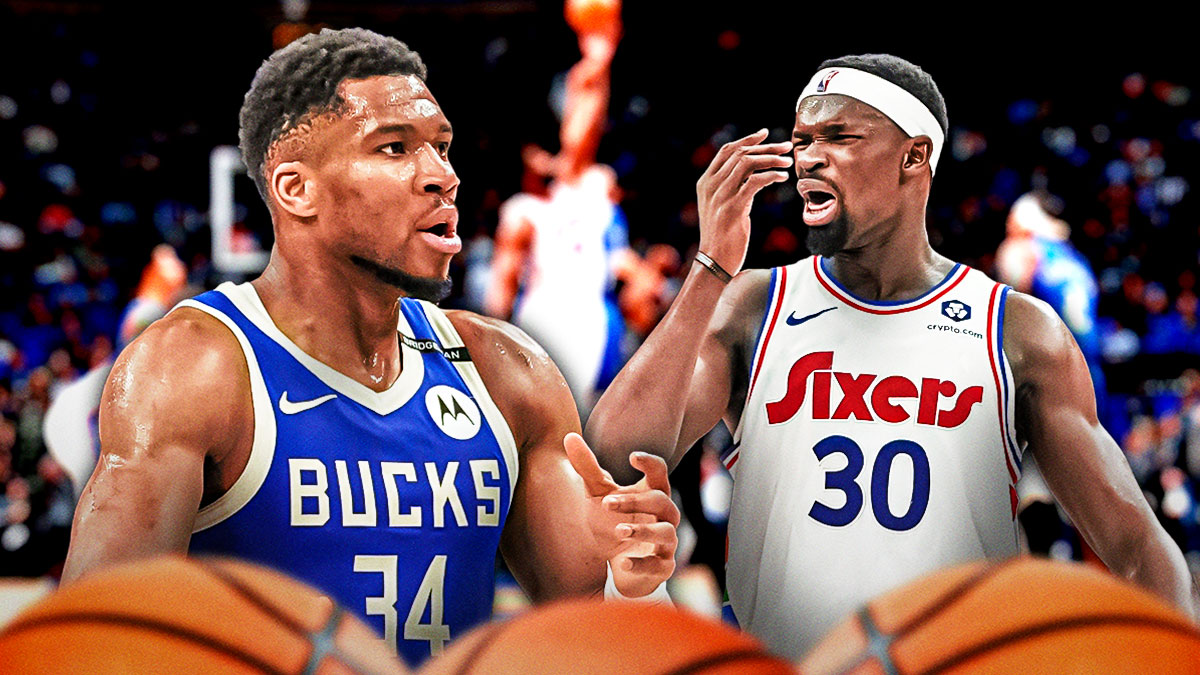 Bucks' Giannis Antetokounmpo and 76ers' Adem Bona