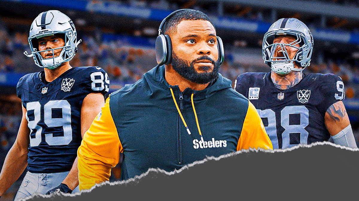 Elandon Roberts in the middle, Brock Bowers, Maxx Crosby all around him, Las Vegas Raiders wallpaper in the background