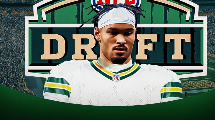 Emeka Egbuka in a Green Bay Packers uniform, 2025 NFL Draft wallpaper in the background