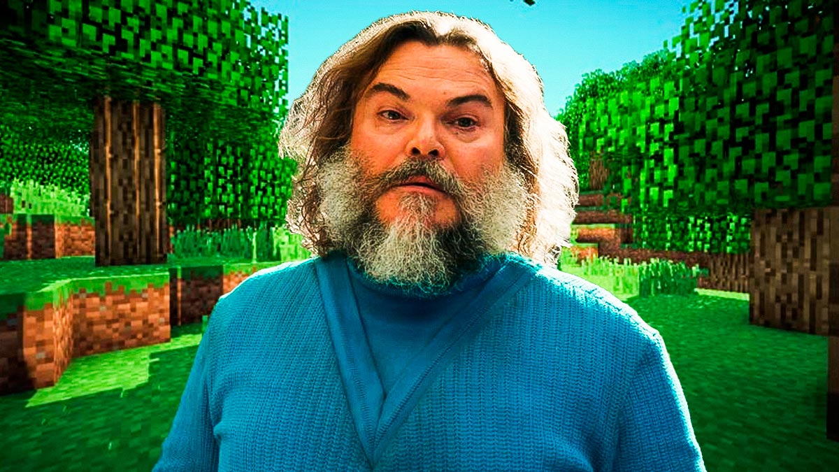Jack Black as Steve in A Minecraft Movie with the Overworld background.