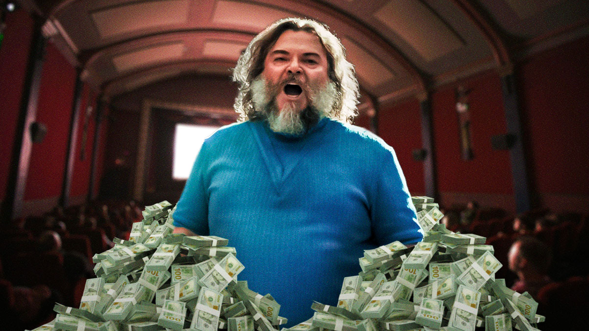 Jack Black as Steve in A Minecraft Movie, which is a box office hit, with money around him and theater background.