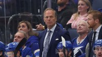Apr 22, 2025; Tampa, Florida, USA; Tampa Bay Lightning head coach Jon Cooper against the Florida Panthers during the third period in game one of the first round of the 2025 Stanley Cup Playoffs at Amalie Arena. Mandatory Credit: Kim Klement Neitzel-Imagn Images