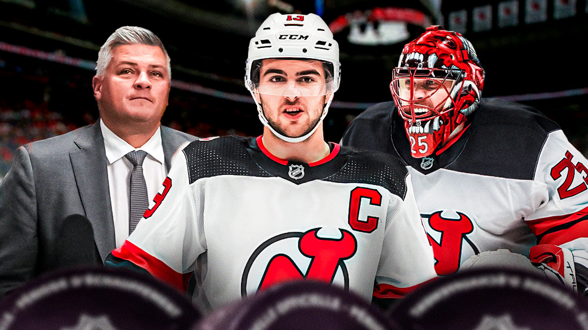 Devils players Nico Hischer, Jacob Markstrom, and Sheldon Keefe all inside Prudential Center