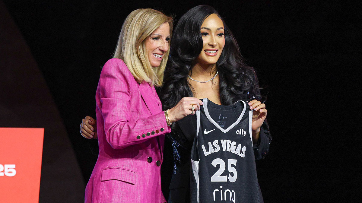 Las Vegas Aces' Aaliyah Nye poses with WNBA commissioner Cathy Engelbert after being selected with the number thirteen overall pick to the Las Vegas Aces in the 2025 WNBA Draft at The Shed at Hudson Yards.