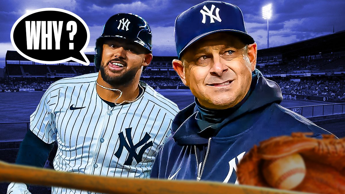 Image of Yankees outfielder Jasson Dominguez with speech bubble next to him that says "Why?" next to image of Yankees manager Aaron Boone.