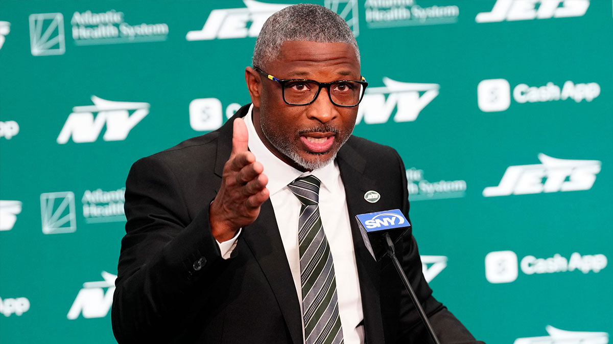 New York Jets Head Coach Aaron Glenn, is shown as he speaks during a press conference, at the Atlantic Health Jets Training Center,