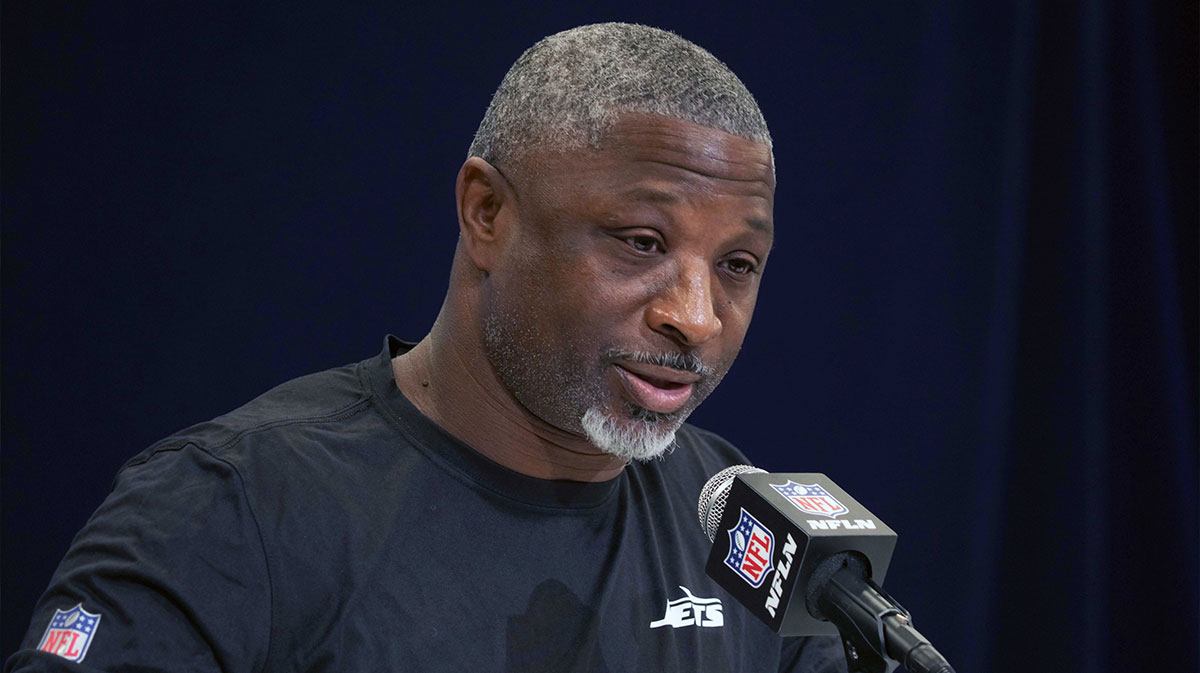 New York Jets coach Aaron Glenn speaks during the NFL Scouting Combine at the Indiana Convention Center