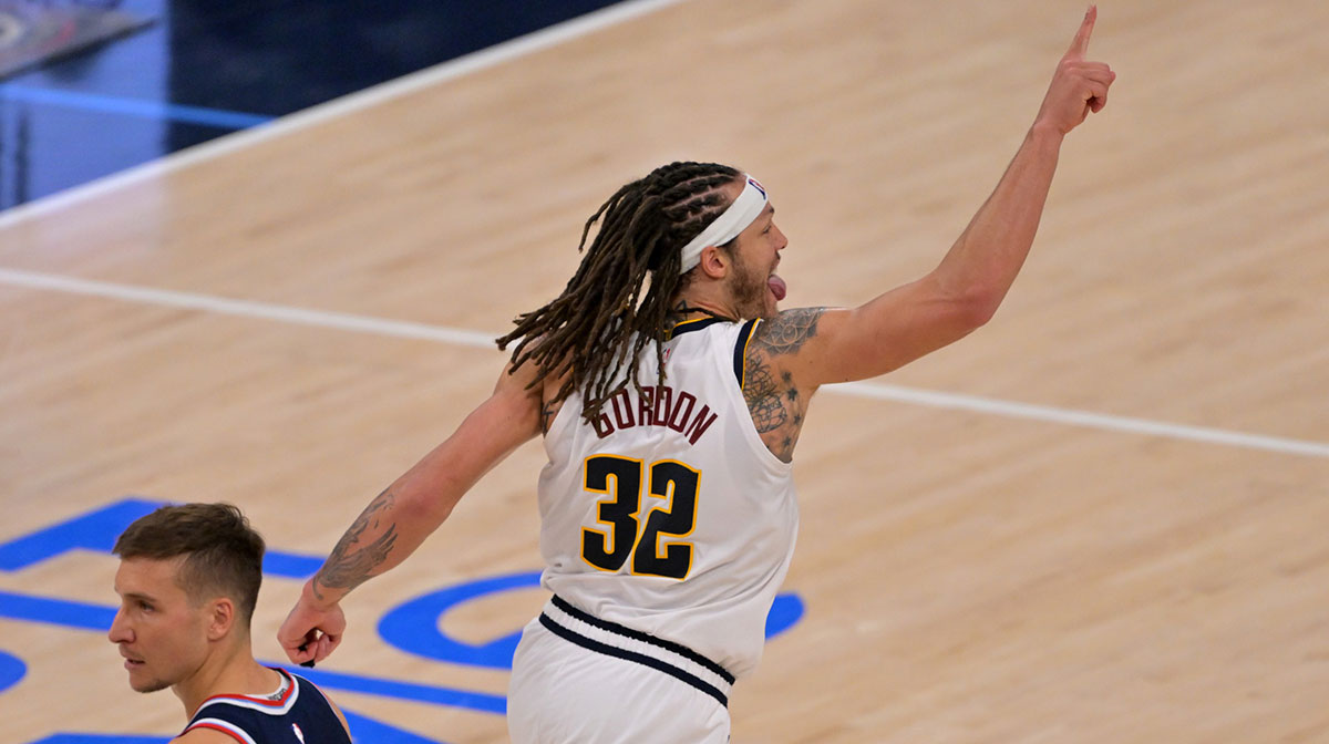 Denver Nuggets forward Aaron Gordon (32) celebrates as he runs on the court after scoring the winning shot to defeat the Los Angeles Clippers 101-99 in game four of round one of the 2024 NBA Playoffs at Intuit Dome.