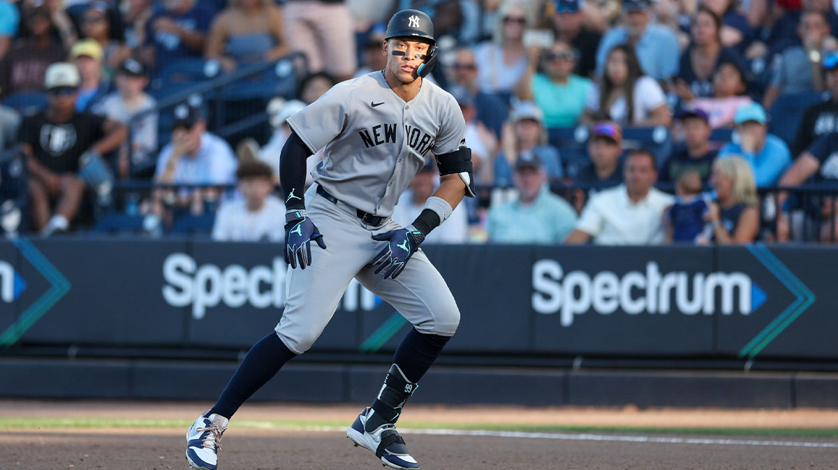 New York Yankees right fielder Aaron Judge (99) looks onagainst the Tampa Bay Rays in the ninth inning at George M. Steinbrenner Field.