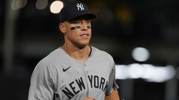 Apr 18, 2025; Tampa, Florida, USA; New York Yankees outfielder Aaron Judge (99) returns to the dugout after the eighth inning against the Tampa Bay Rays at George M. Steinbrenner Field. Mandatory Credit: Dave Nelson-Imagn Images