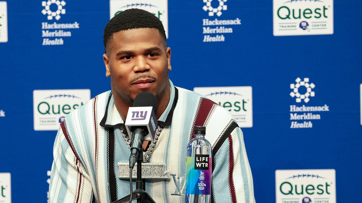 New York Giants first round draft pick, Abdul Carter, takes questions from the media during his introduction press conference. New York Giants
