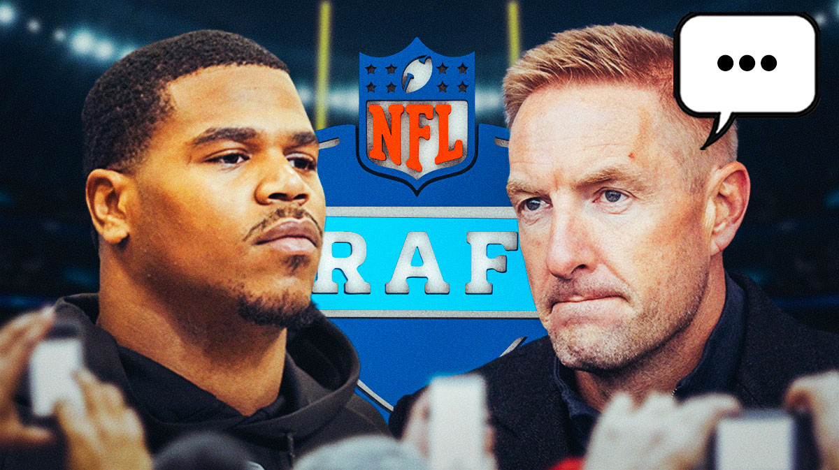 Joel Klatt with a speech bubble that has the three dots emoji inside. He is next to Penn State linebacker Abdul Carter. There is also a logo for the 2025 NFL Draft.