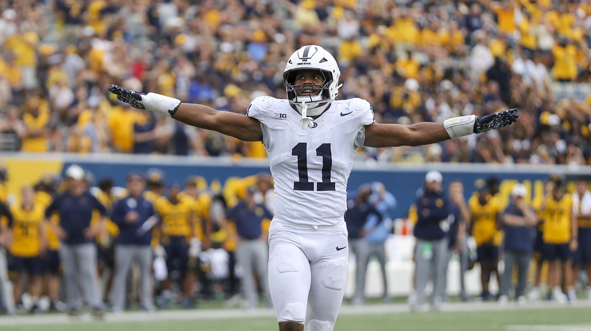Penn State Nittany Lions defensive end Abdul Carter (11) celebrates after a defensive stop during the fourth quarter against the West Virginia Mountaineers at Mountaineer Field at Milan Puskar Stadium.