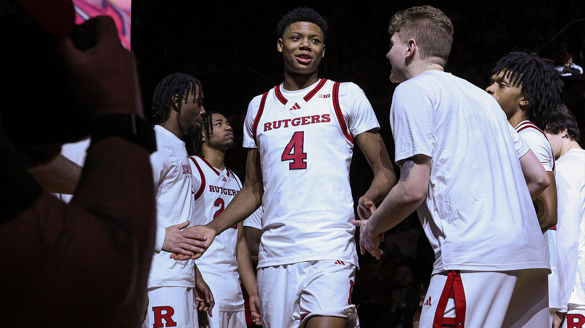 Rutgers Scarlet Knights guard Ace Bailey (4) is introduced before the game against the Minnesota Golden Gophers at Jersey Mike's Arena.