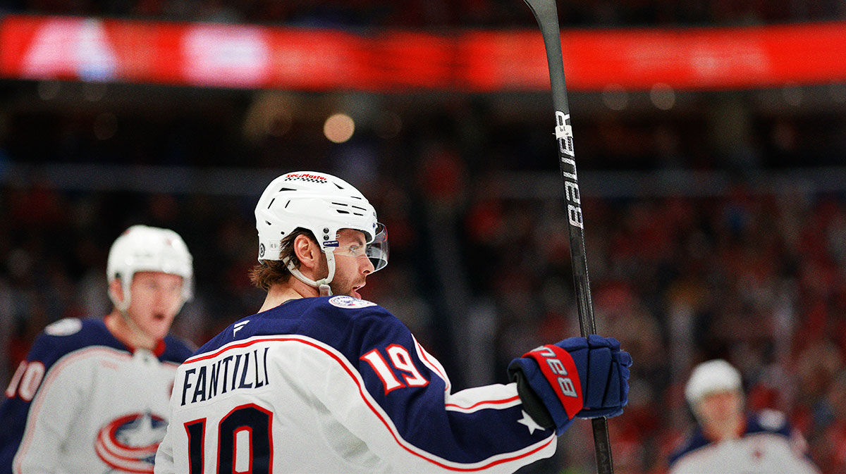 Columbus Blue Jackets center Adam Fantilli (19) celebrates after scoring a goal against the Washington Capitals in the second period at Capital One Arena.