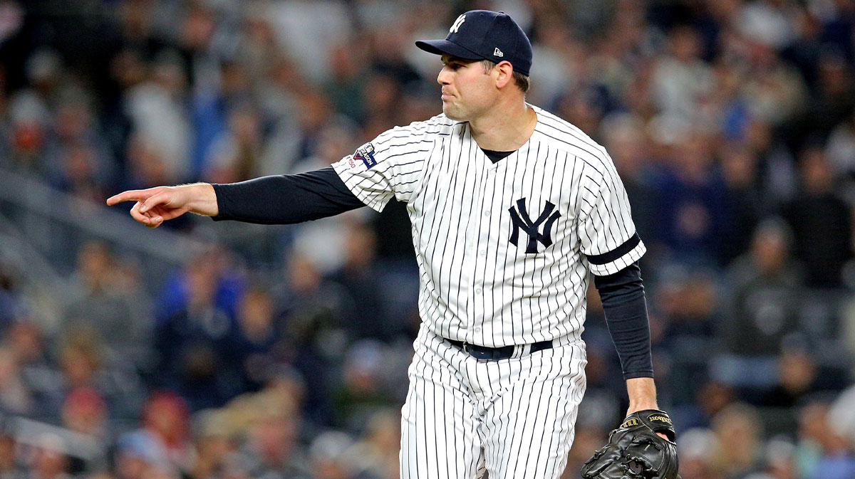 New York Yankees relief pitcher Adam Ottavino (0) pitches during the fifth inning against the Minnesota Twins in game one of the 2019 ALDS playoff baseball series at Yankee Stadium.