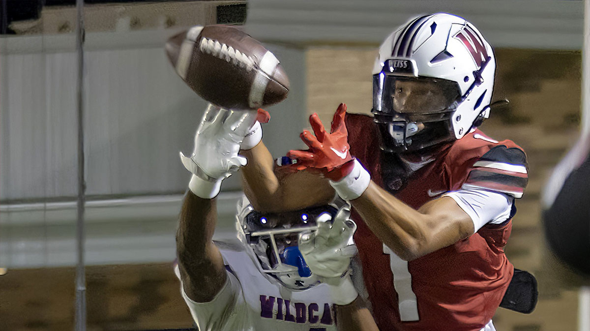 Temple Wildcats center back Jason Bradford deflects the pass intended for Weiss Wolves college football transfer portal wide receiver Adrian Wilson (1) during the second quarter at the District 12-6A football game on Friday, Sept 29,20 2023, at the Pfield Stadium - Pflugerville, TX.