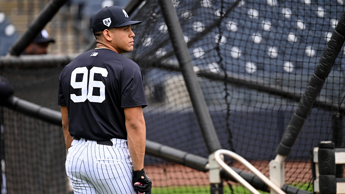 New York Yankees catcher Agustin Ramirez (96) prepares to take batting practice at George M. Steinbrenner Field.