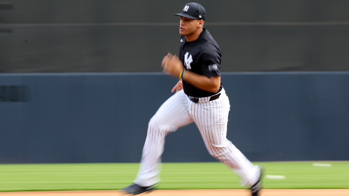 New York Yankees catcher Agustin Ramirez (96) participates in spring training workouts at George M. Steinbrenner Field.