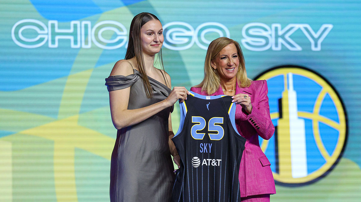 Sky's Ajsa Sivka poses with WNBA commissioner Cathy Engelbert after being selected with the number ten overall pick to the Chicago Sky in the 2025 WNBA Draft at The Shed at Hudson Yards.