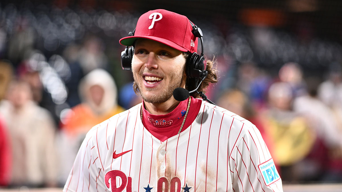Philadelphia Phillies infielder Alec Bohm (28) reacts after the game against the San Francisco Giants at Citizens Bank Park. All players wore #42 for Jackie Robinson Day.