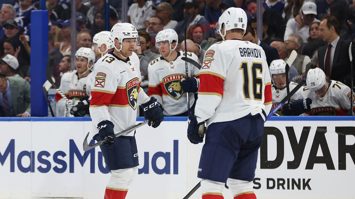 Florida Panthers center Sam Reinhart (13) is congratulated by center Aleksander Barkov (16) after eh scored a goal against the Tampa Bay Lightning during the first period in game one of the first round of the 2025 Stanley Cup Playoffs at Amalie Arena.