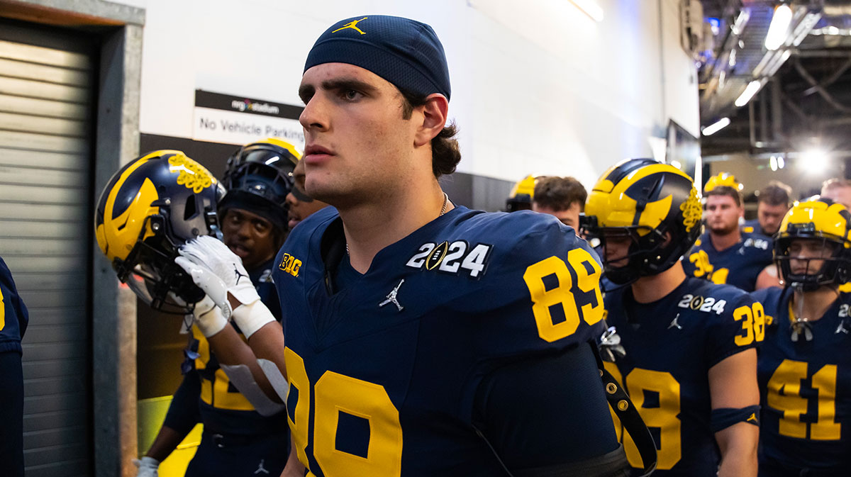 Michigan Wolverines defensive lineman Alessandro Lorenzetti (89) against the Washington Huskies during the 2024 College Football Playoff national championship game at NRG Stadium.