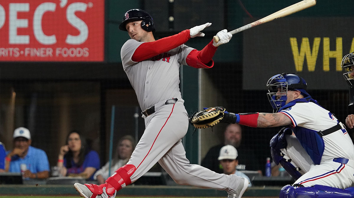 Boston Red Sox third baseman Alex Bregman (2) singles during the first inning against the Texas Ranges at Globe Life Field.