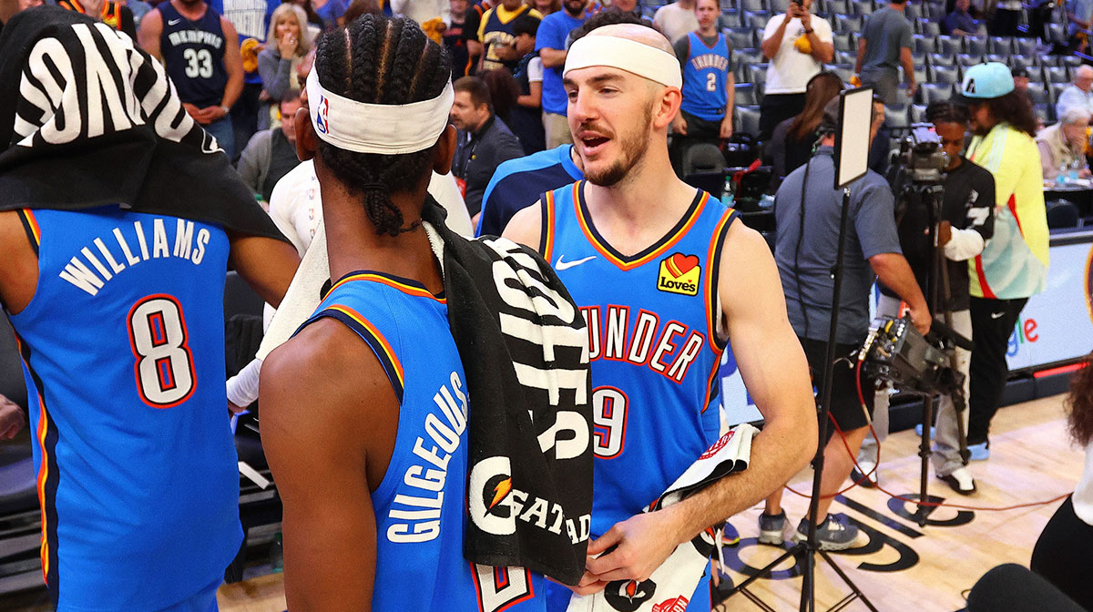 Oklahoma City Thunder guard Alex Caruso (9) and Oklahoma City Thunder guard Shai Gilgeous-Alexander (2) react after defeating the Memphis Grizzlies in game four for the first round of the 2024 NBA Playoffs at FedExForum.