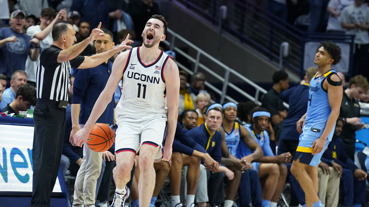 UConn Huskies forward Alex Karaban (11) reacts after defeating the Marquette Golden Eagles at Harry A. Gampel Pavilion