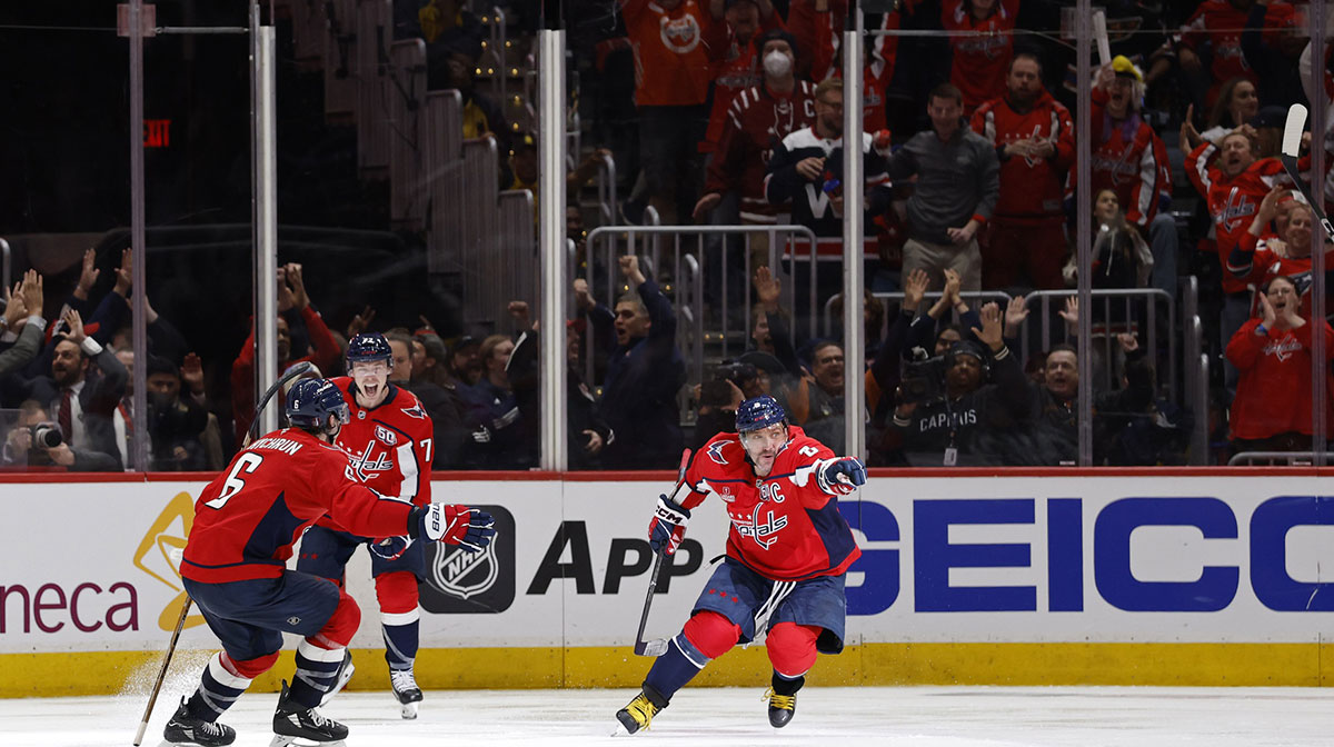 Washington Capitals left wing Alex Ovechkin (8) celebrates after scoring the game-winning goal in overtime against the Montreal Canadiens in game one of the first round of the 2025 Stanley Cup Playoffs at Capital One Arena