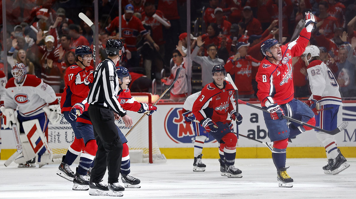 Washington Capitals left wing Alex Ovechkin (8) celebrates after scoring the game-winning goal in overtime against the Montreal Canadiens in game one of the first round of the 2025 Stanley Cup Playoffs at Capital One Arena.