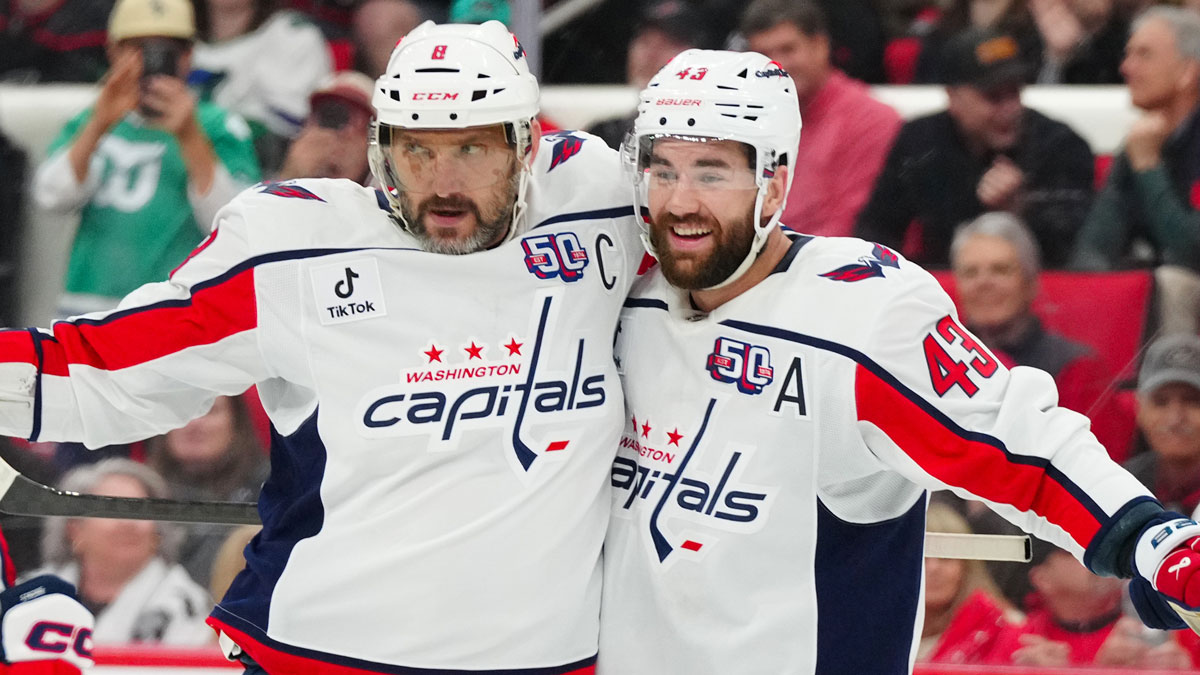 Washington Capitals left wing Alex Ovechkin (8) clebrates his goal with right wing Tom Wilson (43) against the Carolina Hurricanes during the second period at Lenovo Center