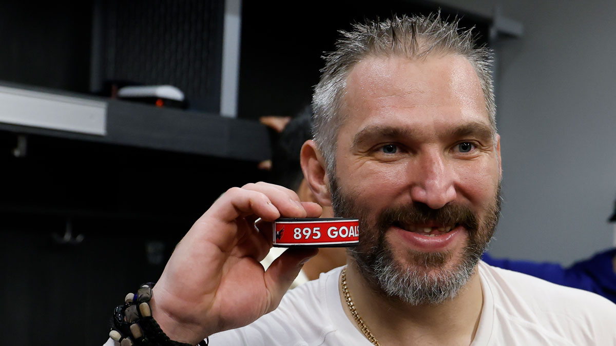 Washington Capitals left wing Alex Ovechkin poses with the puck as he celebrates after scoring a goal in the 2nd period against the New York Islanders at UBS Arena. The goal is the 895th of Ovechkin’s career, breaking the NHL all-time career goals record previously held by Wayne Gretzkyat UBS Arena.