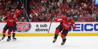 Washington Capitals left wing Alex Ovechkin (8) celebrates after scoring a goal against the Montreal Canadiens in the first period in game five of the first round of the 2025 Stanley Cup Playoffs at Capital One Arena.