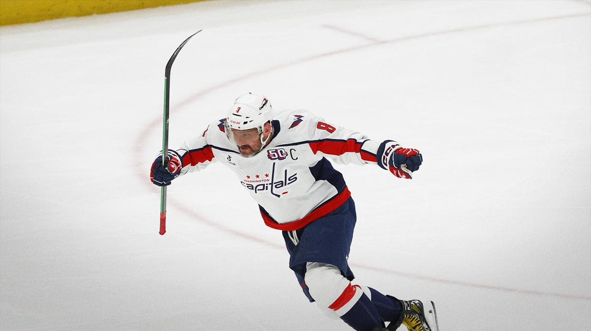 Washington Capitals left wing Alex Ovechkin (8) celebrates after scoring a goal against the New York Islanders in the second period at UBS Arena. It was the 895th goal of his career, breaking the record for most NHL all-time goals set by Wayne Gretzky (not pictured).