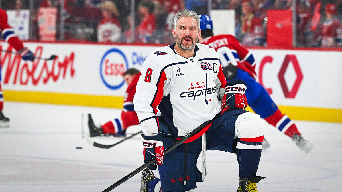 Washington Capitals left wing Alex Ovechkin (8) kneels on the ice watching his teammates during warm-ups before a game against the Montreal Canadiens in game four of the first round of the 2025 Stanley Cup Playoffs at Bell Centre.