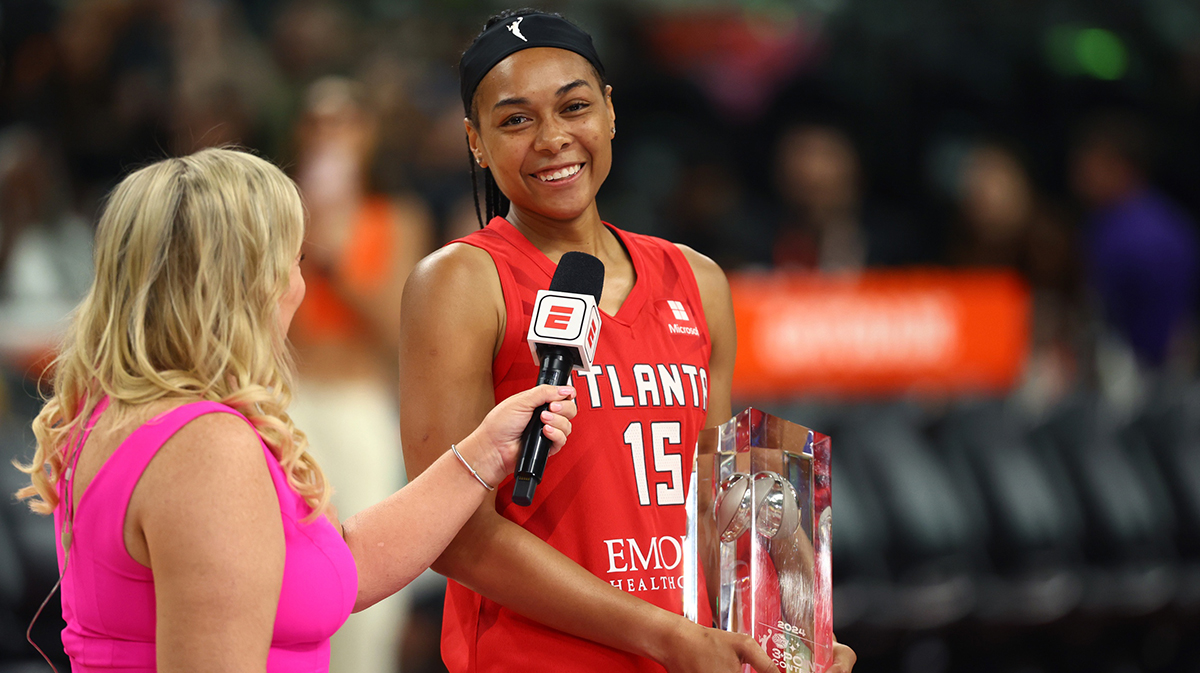 Atlanta Dream player Allisha Gray celebrates after winning the 3-point contest during the WNBA All-Star Skills Night at the Footprint Center.