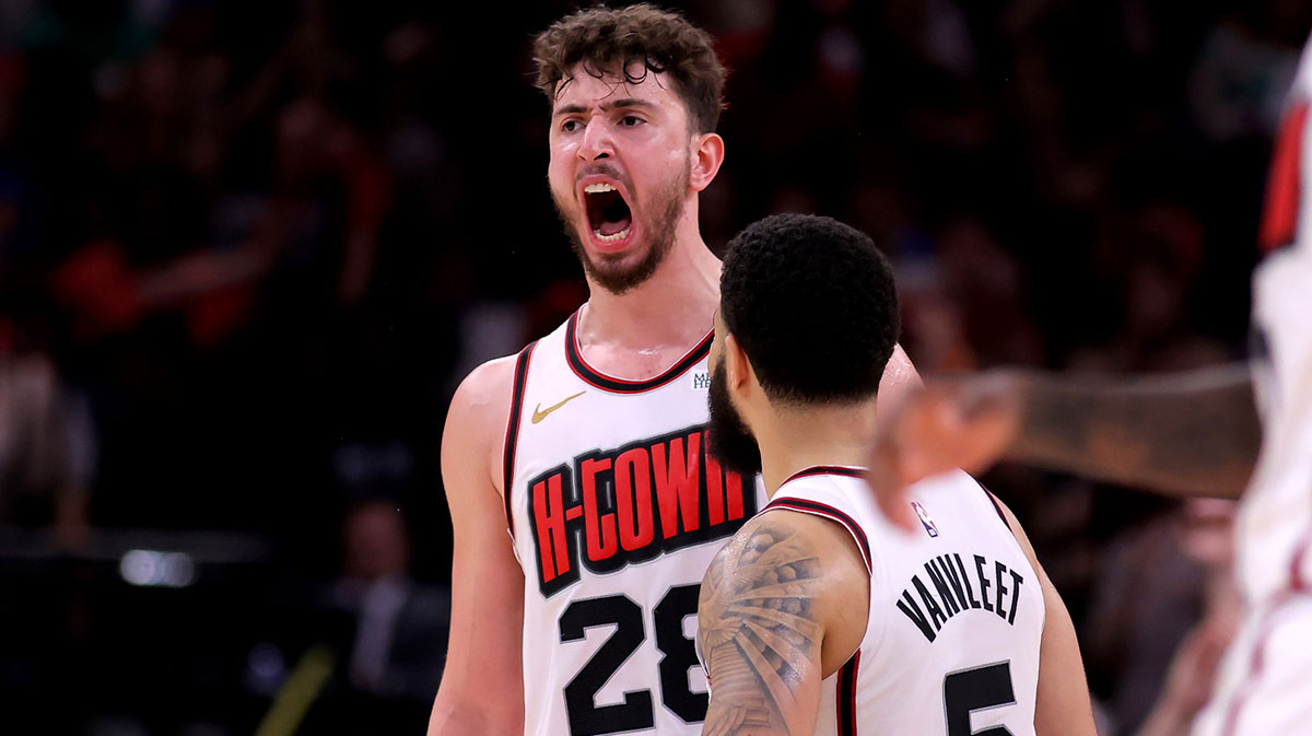 Houston Rockets center Alperen Sengun (28) reacts after a dunk against the Oklahoma City Thunder during the fourth quarter at Toyota Center.