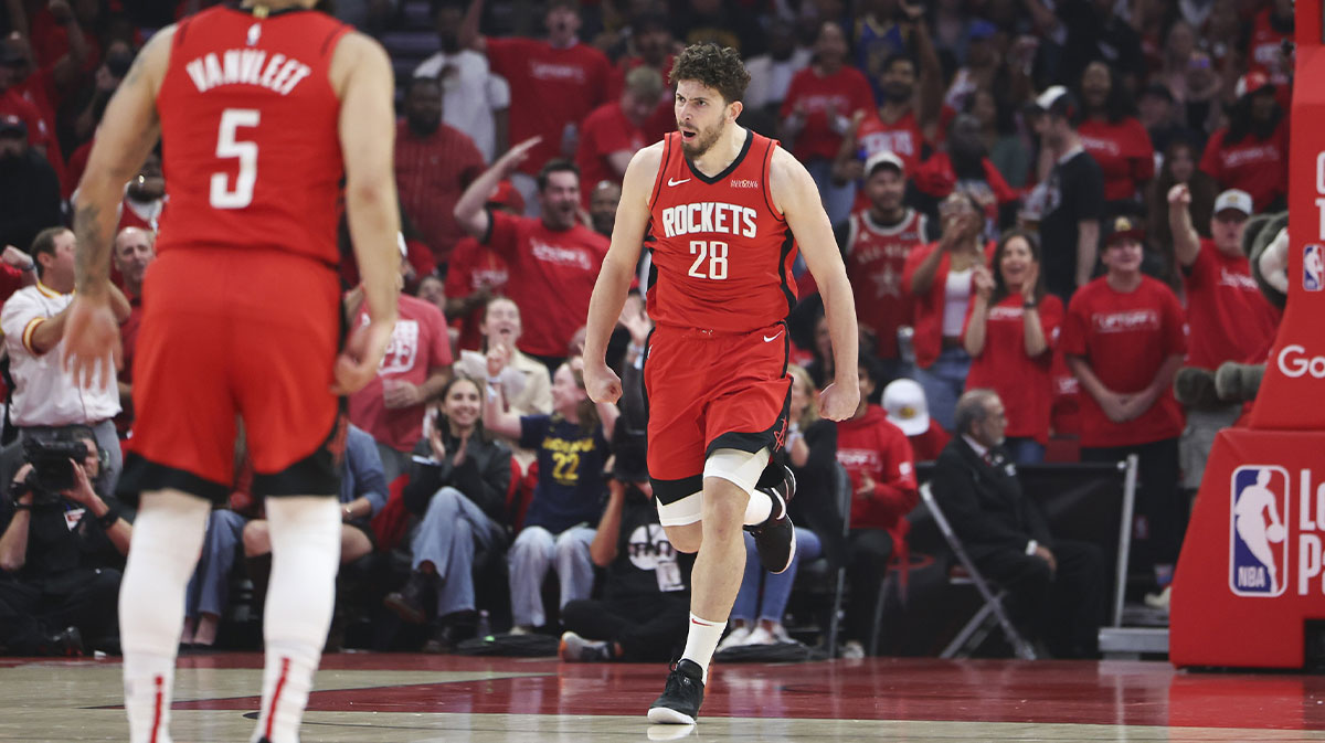 Houston Rockets center Alperen Sengun (28) reacts after making a basket during the first quarter against the Golden State Warriors at Toyota Center. Mandatory Credit: Troy Taormina-Imagn Images